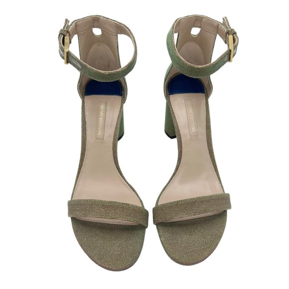 Stuart Weitzman Nearlynude Gold Glitter Heeled Sandals - Picture 2 of 11
